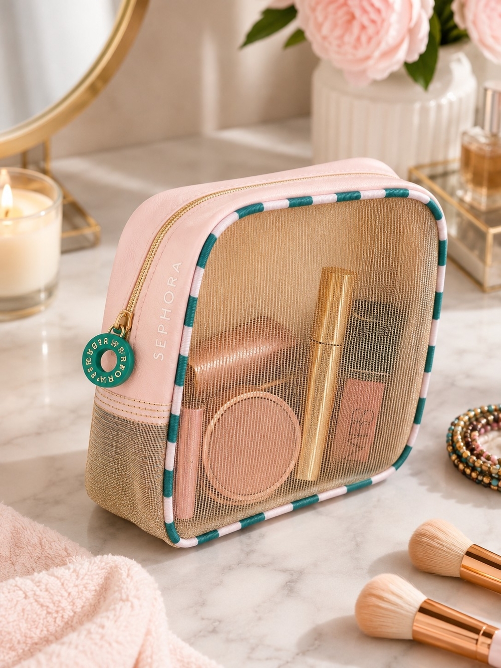 Sephora Pink Mesh Cosmetic Pouch with Teal Trim